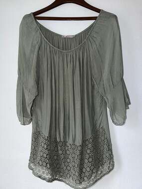 Tina Stephens Green Long Sleeve Eyelet Scoop Neck Boho Peasant Cottagecore XL